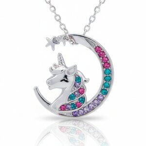Silver Gold Plated Unicorn Pendant Necklace Moon Stars Rainbow Rhinestones